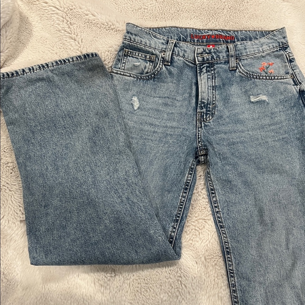 Embroidered Lucky distressed Blue Jeans